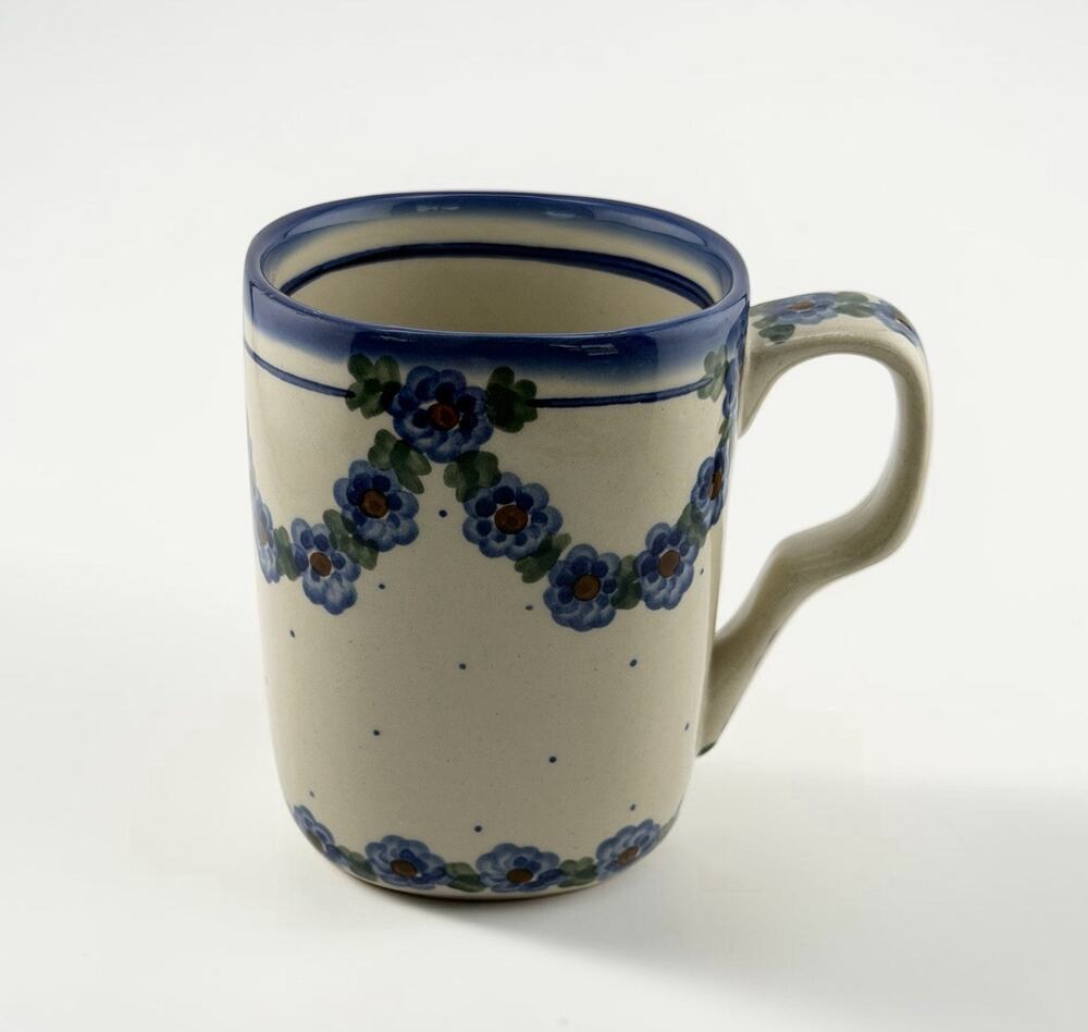 Unikat Polish Pottery ANDY signed Square Coffee Mug Blue Floral 4 Inch
